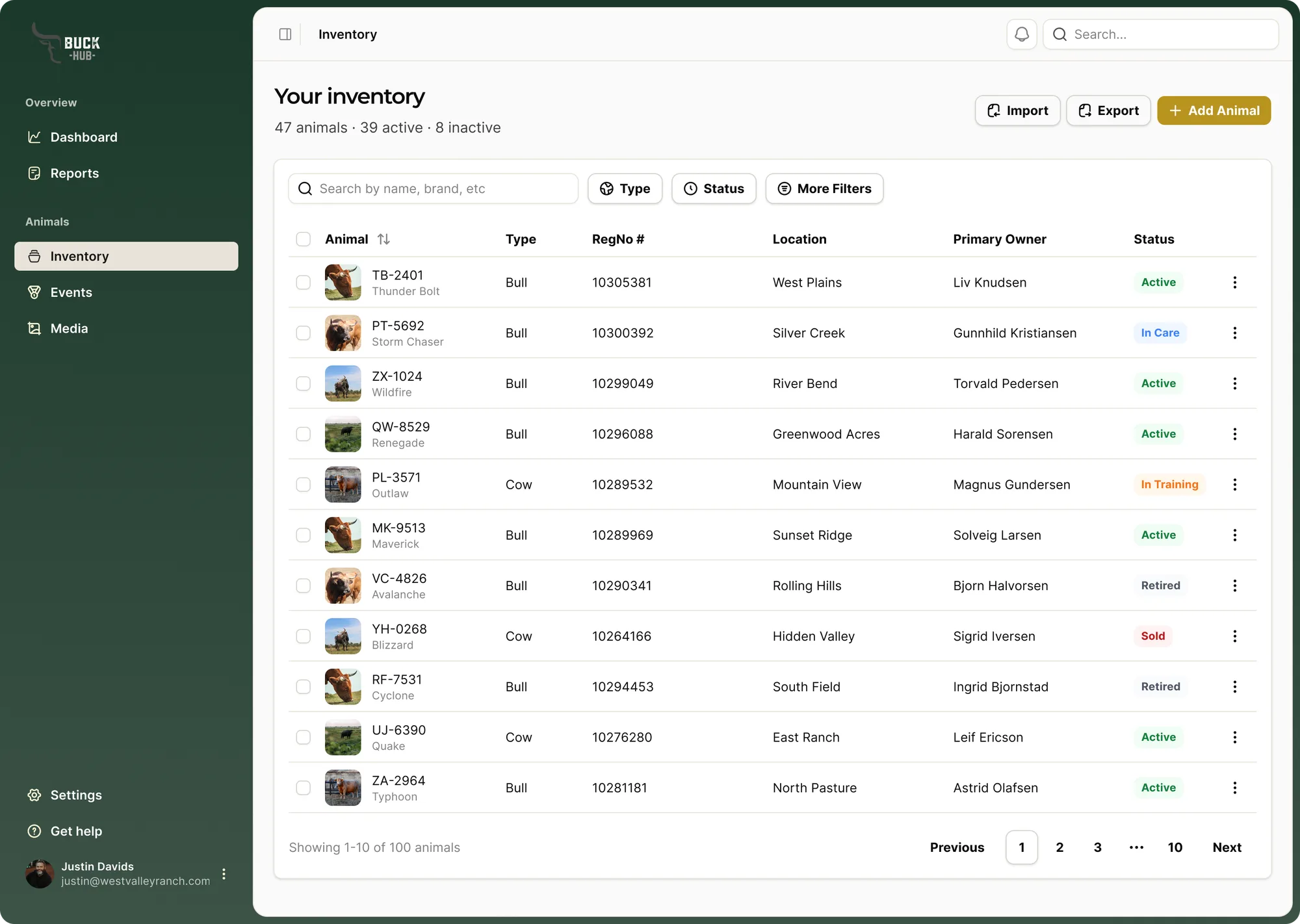 Buck Hub inventory list on desktop